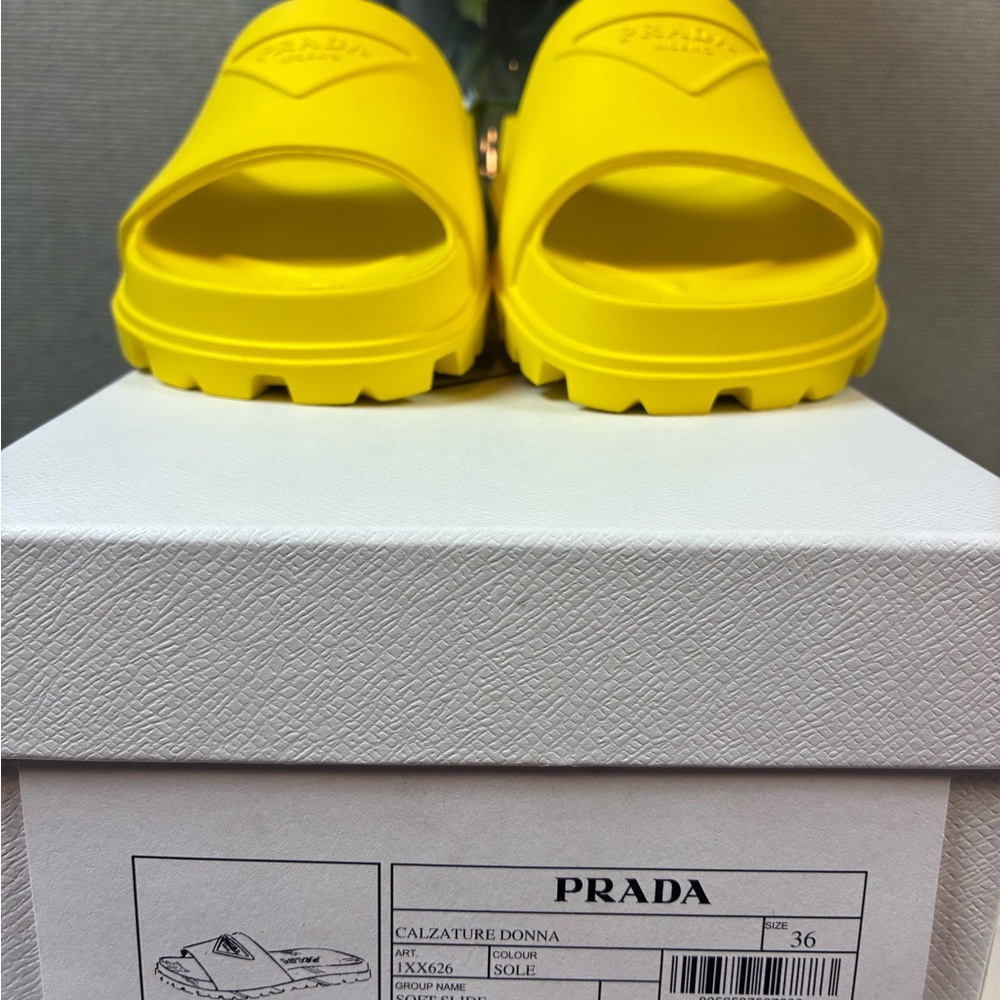 NIB Prada Sole Yellow Lightweight Rubber Triangle Slides EU 36 - US Approx 6 - Picture 7 of 8